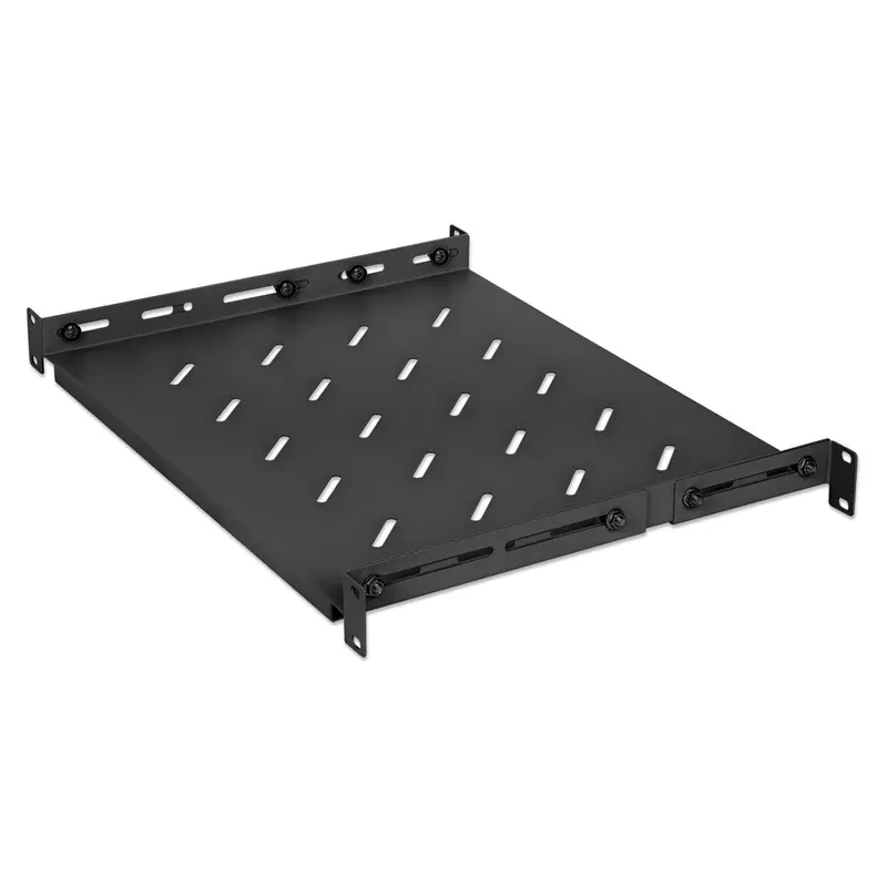 19" Fachboden mit variablen Schienen zur Festmontage, 1 HE, 350 mm Tiefe, schwarz