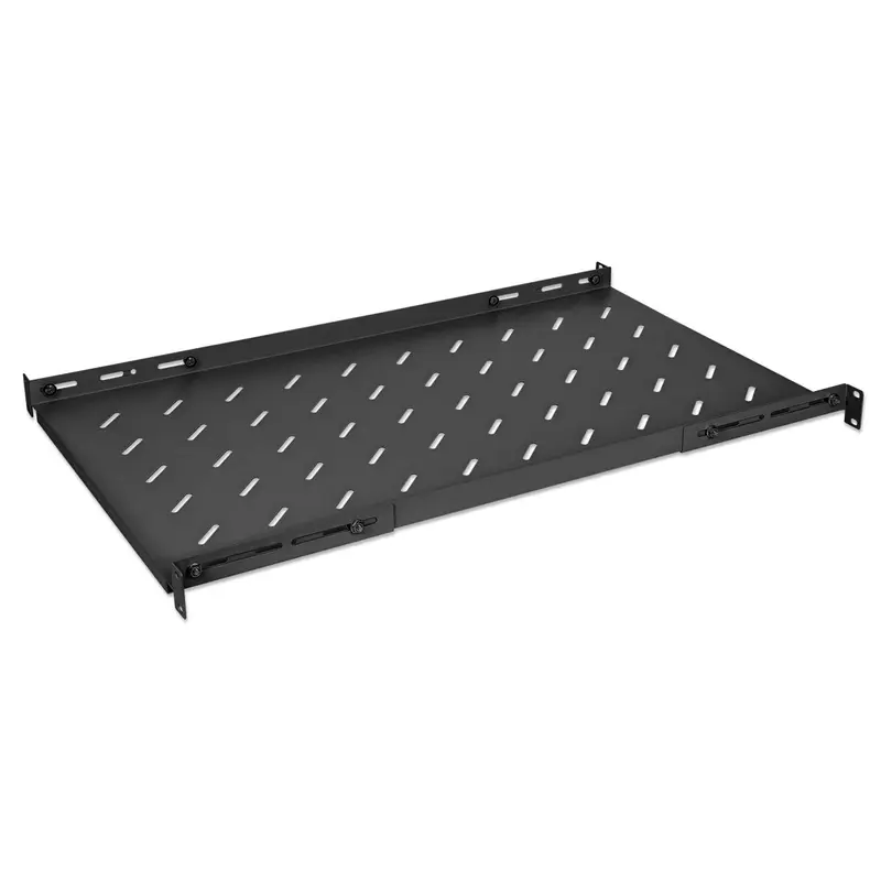 19" Fachboden mit variablen Schienen zur Festmontage, 1 HE, 750 mm Tiefe, schwarz