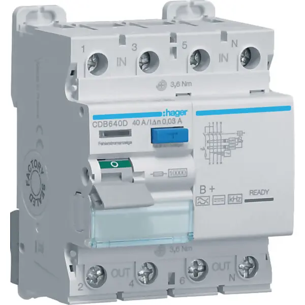 Hager FI-Schutzschalter 4P 40A 30mA B CDB640D