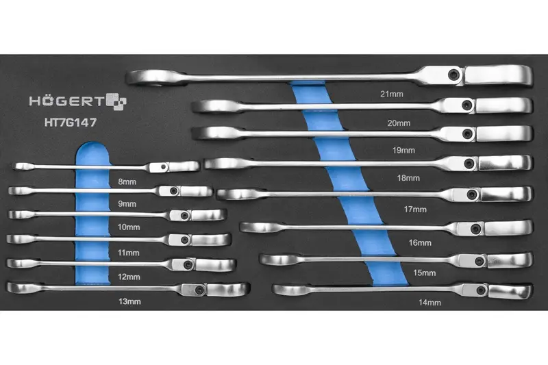 Högert Technik Werkstattwagen Einlage / Ratschen-Maul-Ringschlüssel-Set mit Gelenk, 16 Stk.