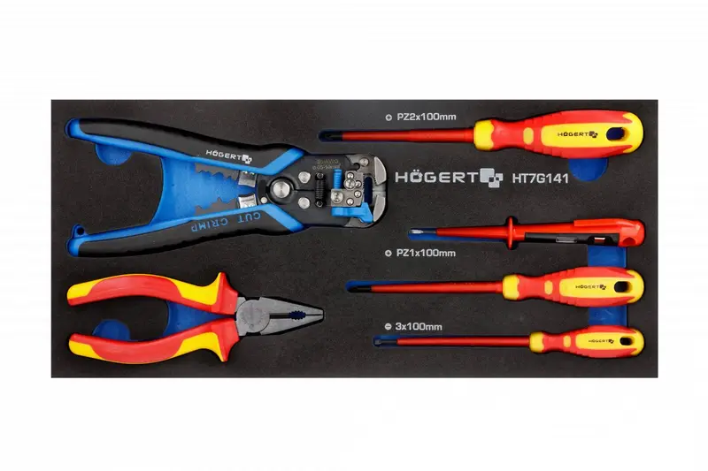 Högert Technik Werkzeug-Set 1000V, VDE (1xZange, 3xSchraubendreher, 1xSpannungsprüfer, 1xAbisolierer)
