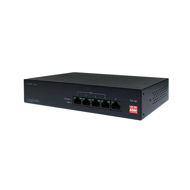 LogiLink 5-Port PoE Switch NS0098 – Fast Ethernet Switch mit PoE+, 30 W je Port, IEEE 802.3at/af, Plug & Play