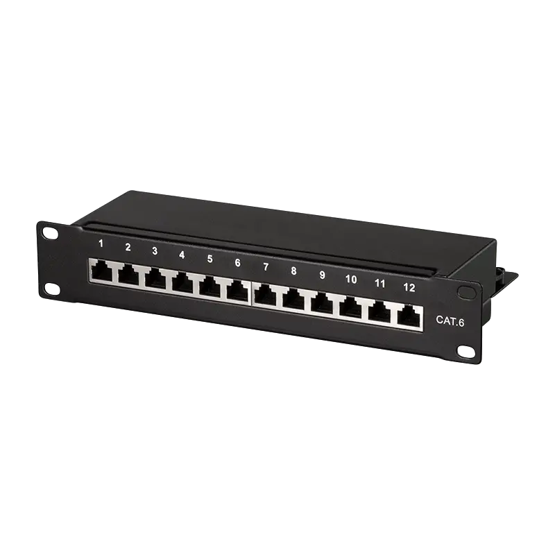 LogiLink Patchpanel Cat.6 – 12-Port RJ45, geschirmt, 10 Zoll Rack, Zugentlastung, Schwarz (RAL 7035)