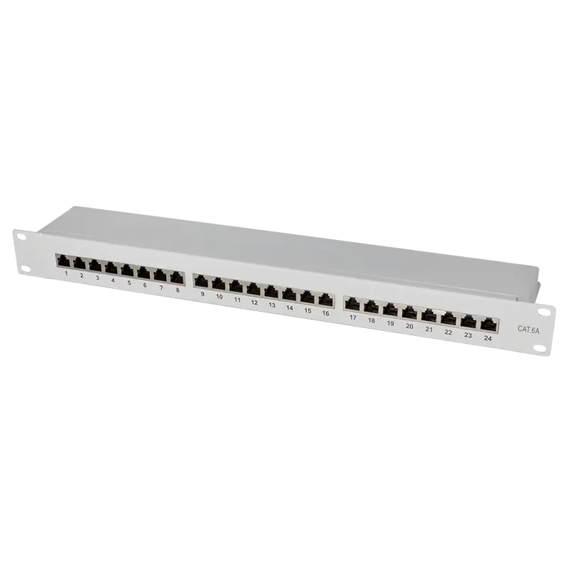 LogiLink Patchpanel Cat.6A – 24-Port RJ45, geschirmt, 19 Zoll, PoE/PoE+/PoE++, Lichtgrau (RAL 7035)