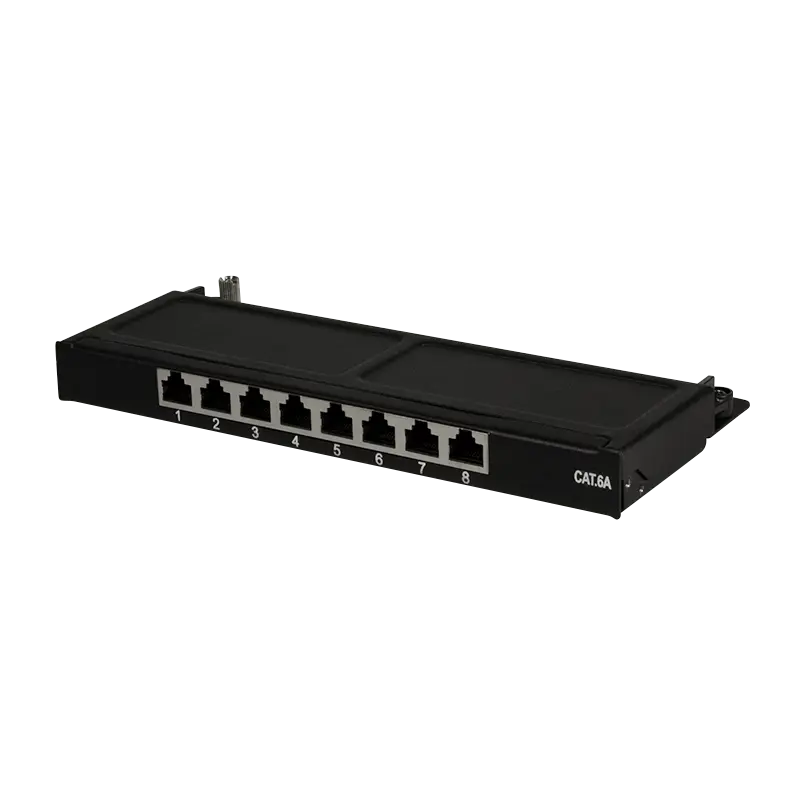 LogiLink Patchpanel Cat.6A – 8-Port RJ45, geschirmt, kompakt für Wand- & Desktopmontage, PoE/PoE+/PoE++, Schwarz (RAL 9005)