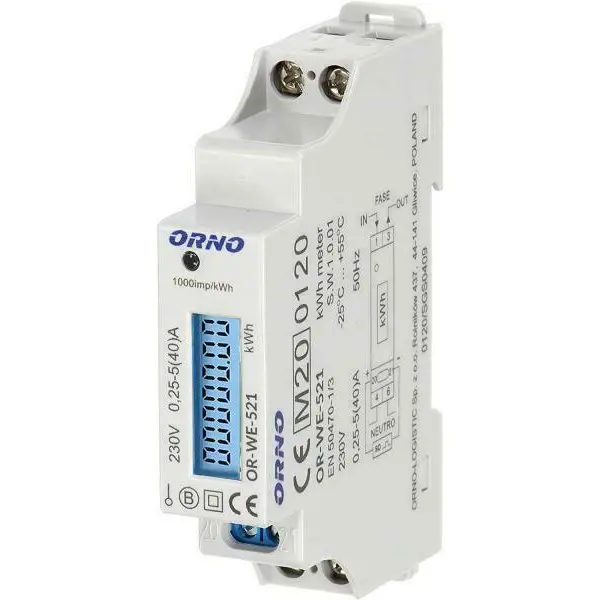Orno OR-WE-521 LCD digitaler Wechselstromzähler MID25 mit Zertifikat, 1-phasig