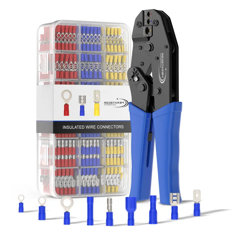 RedStar24 Crimpzange Set mit 700 Kabelschuhen – Flachstecker & Quetschverbinder in 27 Typen (0,5–6 mm²)