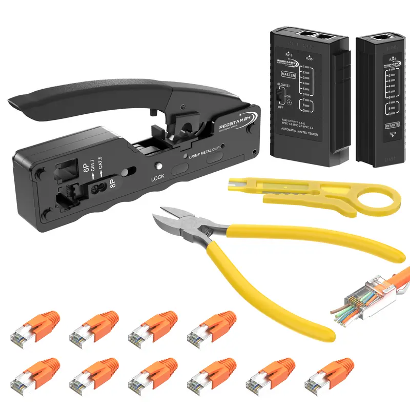 RedStar24 Netzwerk Werkzeugset – Pass-Through Crimpzange, Netzwerktester, Abisolierer, Seitenschneider & 10x RJ45 Stecker (CAT6a/CAT7)