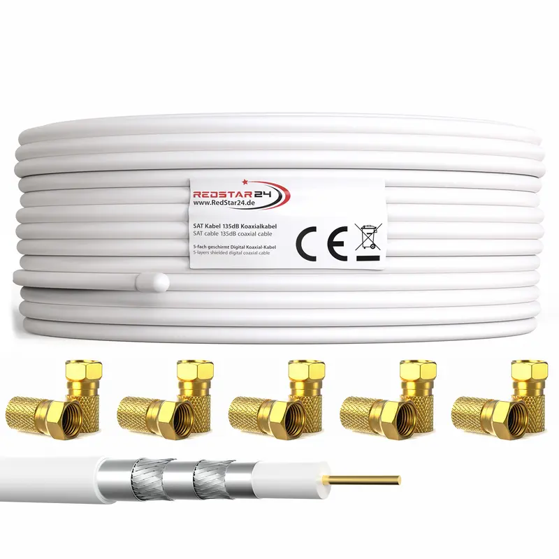 RedStar24 SAT Koaxialkabel 135 dB 5-fach geschirmt – Digital Satellitenkabel mit 10x F-Steckern – HDTV, 4K UHD, 3D – 10m bis 100m