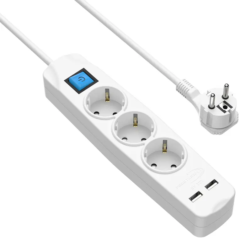 RedStar24 Steckdosenleiste 3-fach mit USB – 1,5m/3m/5m Verlängerungskabel, Flachstecker 8mm, Weiß – Mehrfachsteckdose mit 2 USB-Ports & Schalter