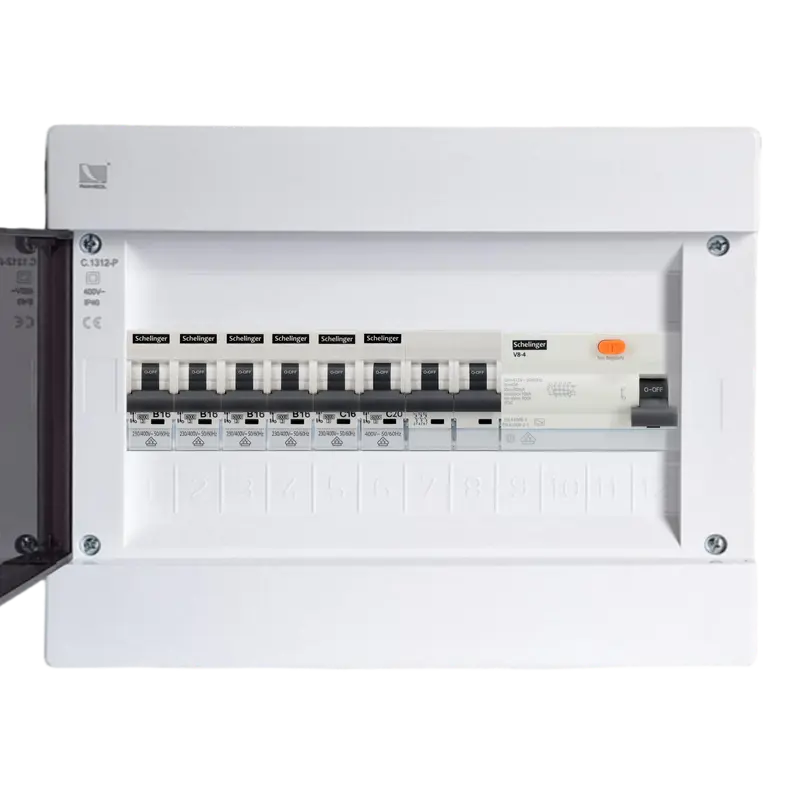 Sicherungskasten IP42 12M Komplett 4 x 1P B16 + 1 x 1P C16 + 1 x 3P C20 + FI Schutzschalter 40A VDE