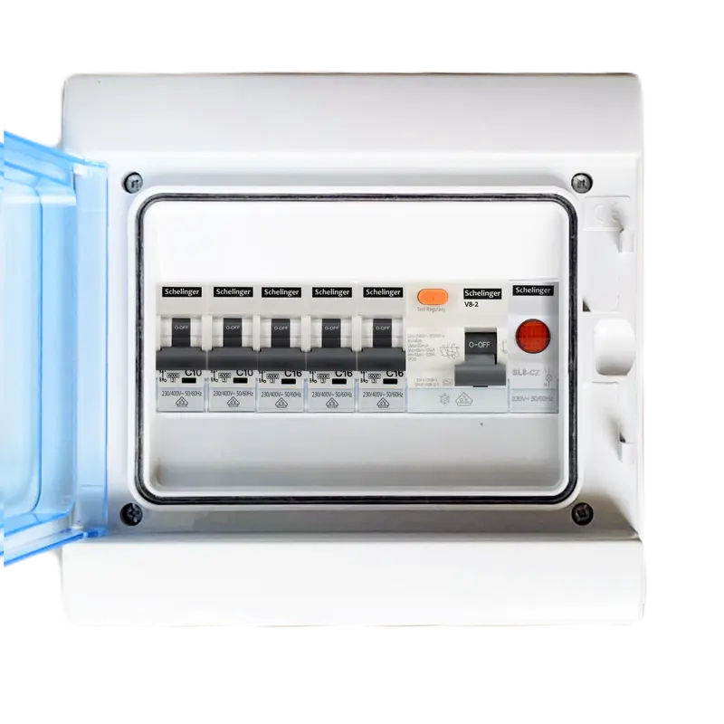 Sicherungskasten mit Leuchtmelder IP65 8M Komplett 2 x 1P C10 + 3 x 1P C16 + FI Schutzschalter 40A VDE 1-phasig