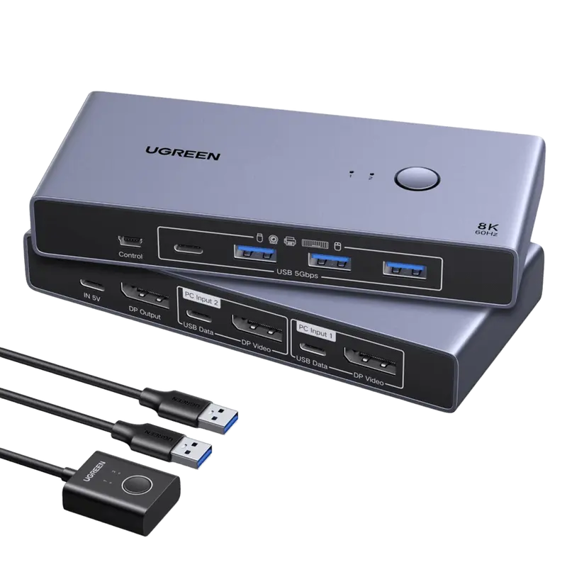 UGREEN DP 1.4 KVM-Switch (2 PCs, 1 Monitor, 4 USB 3.0, 8K@60Hz, HDR10)